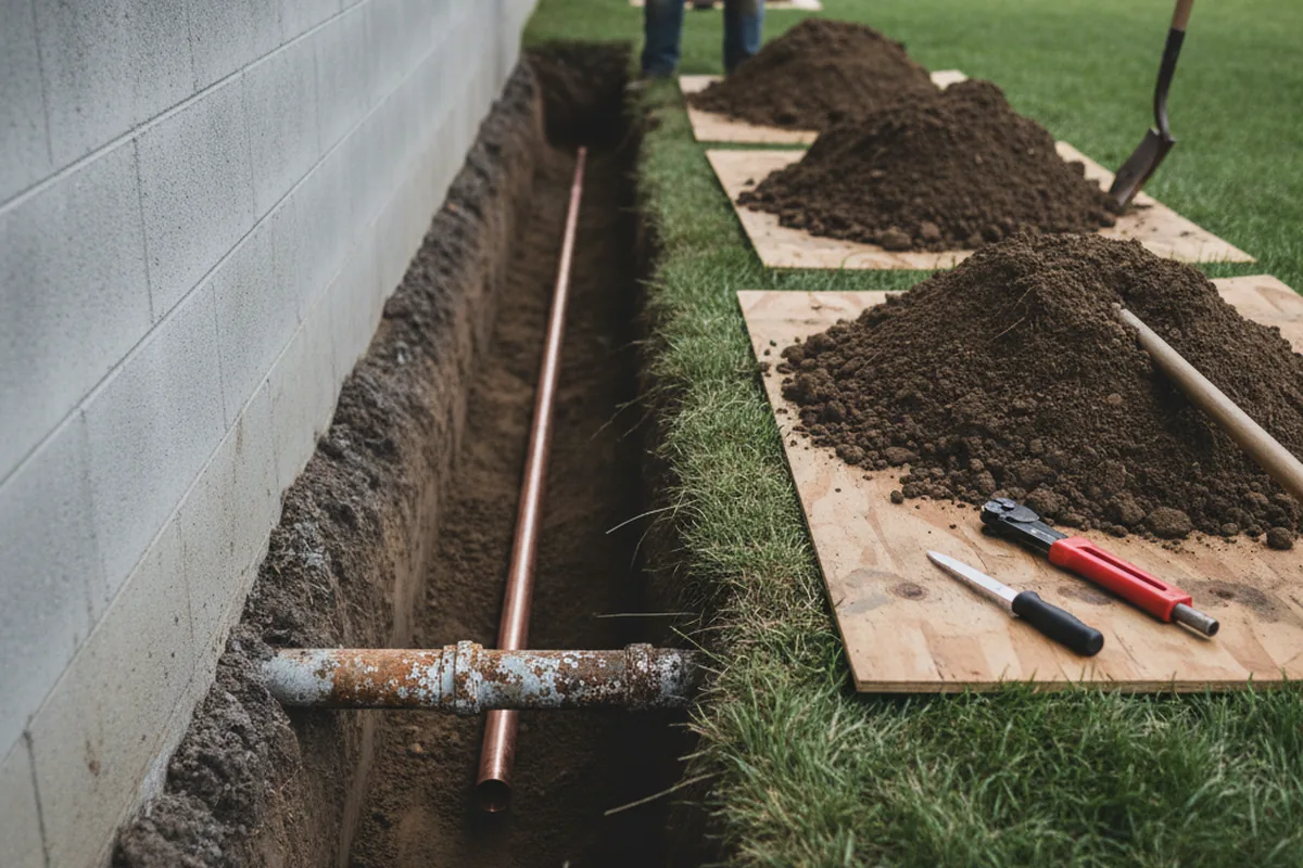 Excavated water line trench during Water Softener Installation in Purling